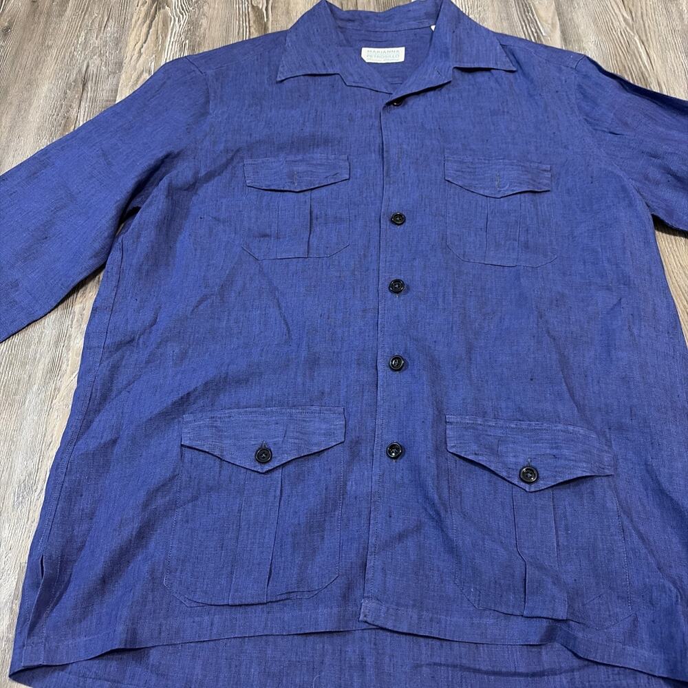 Marianna Petrosillo Linen Safari Shirt Blue 4 Pocket Camp Collar Italy Men L